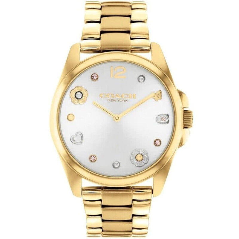 Coach Greyson gold stainless steel women's watch with silver dial and decorative hour markers