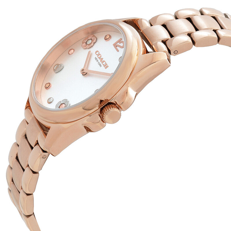 Coach Greyson watch angled side view showing rose gold case, crystal dial and linked bracelet