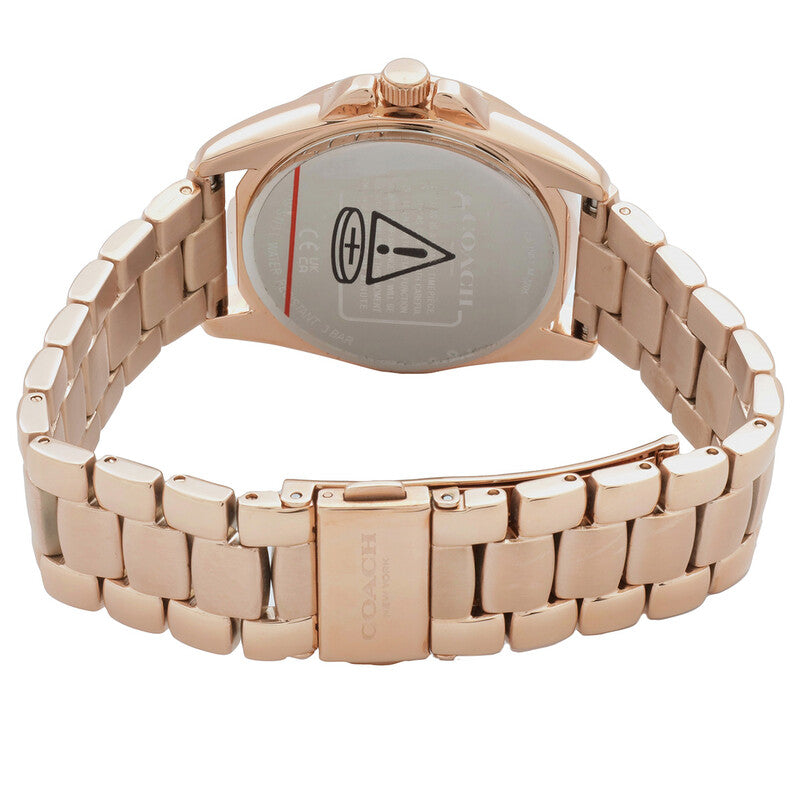 Coach Greyson caseback showing rose gold case with Coach logo and rose gold bracelet links