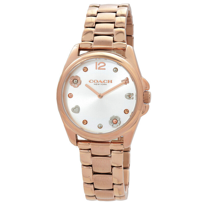 Coach Greyson ladies watch with rose gold case, silver dial and rose gold bracelet
