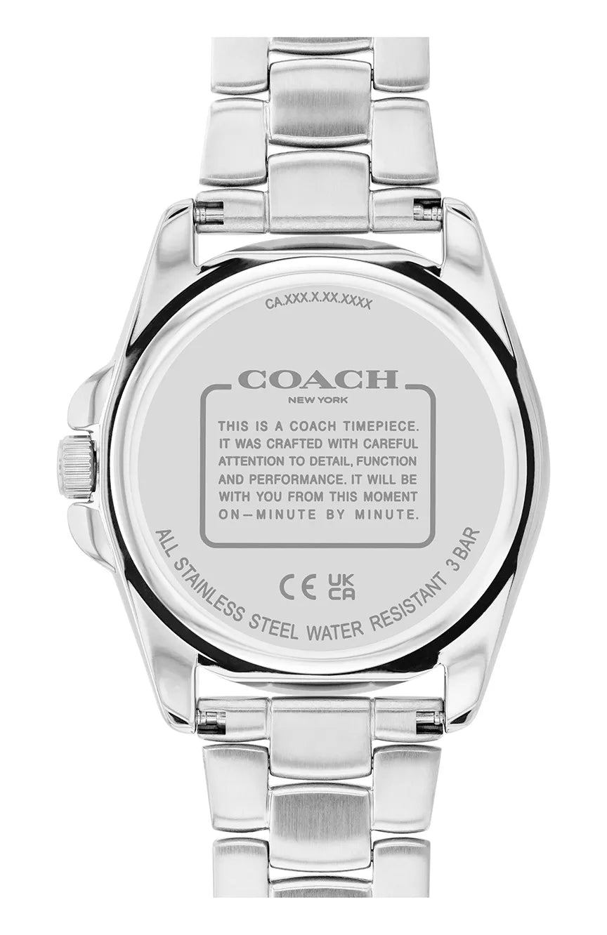 Coach Greyson caseback showing stainless steel water resistant construction and model details