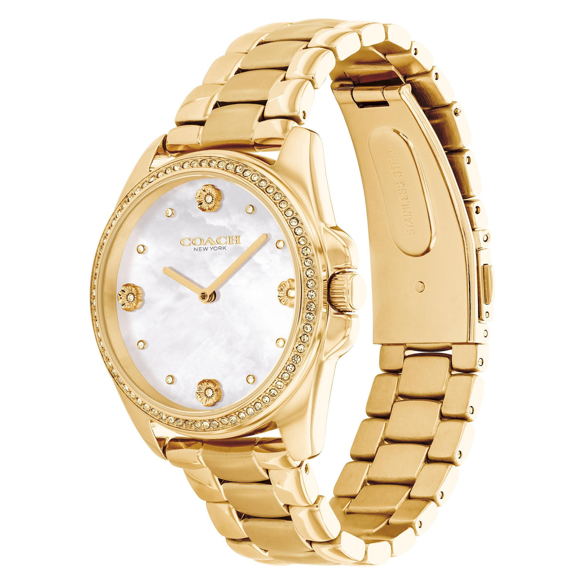 Coach Greyson watch shown at angle with gold-tone bracelet and mother-of-pearl dial visible