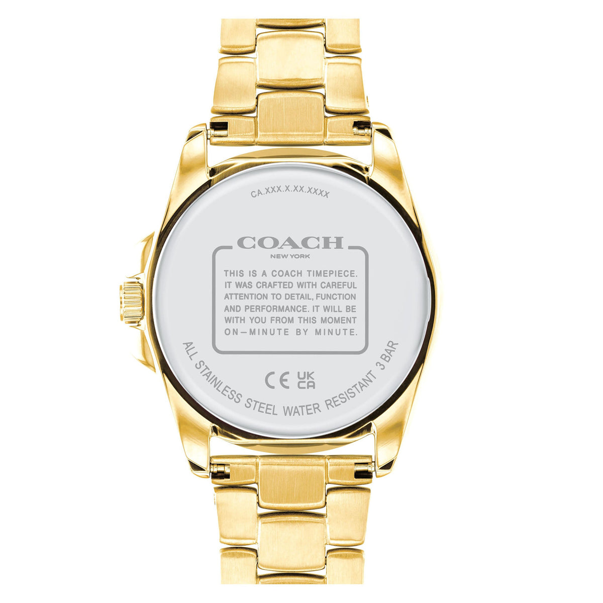 Coach Greyson caseback showing stainless steel water resistant engraving and branding