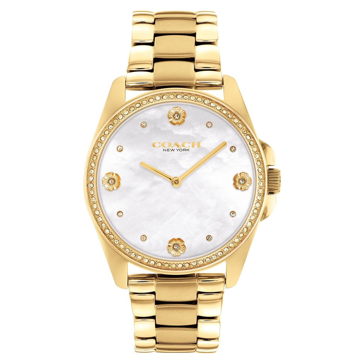 Coach Greyson women's watch with mother-of-pearl dial and crystal-accented bezel in gold tone