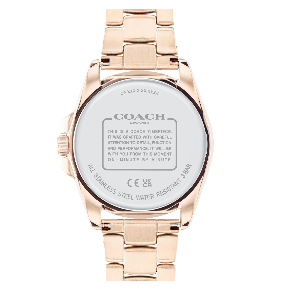 COACH Greyson watch caseback showing stainless steel and water resistance marking