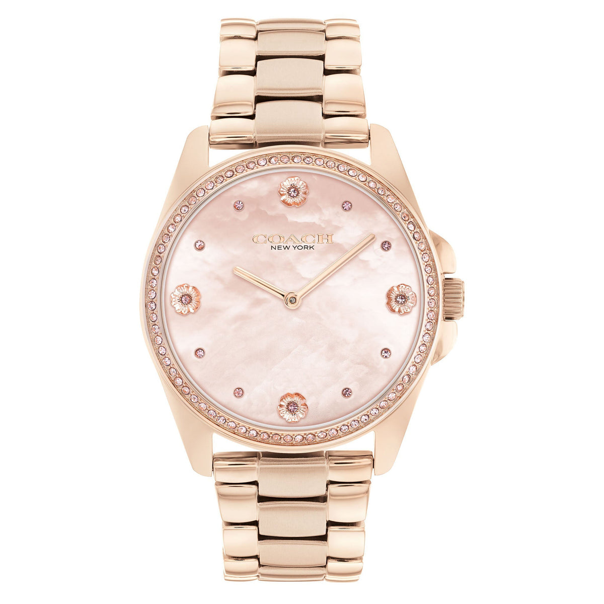 COACH Greyson rose gold-tone watch with mother-of-pearl dial and diamond bezel