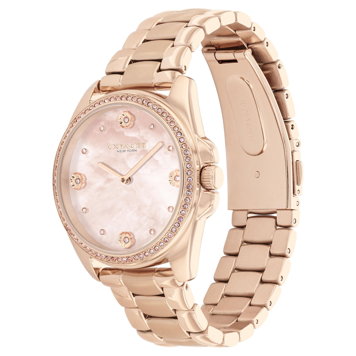 COACH Greyson rose gold bracelet watch shown from side angle
