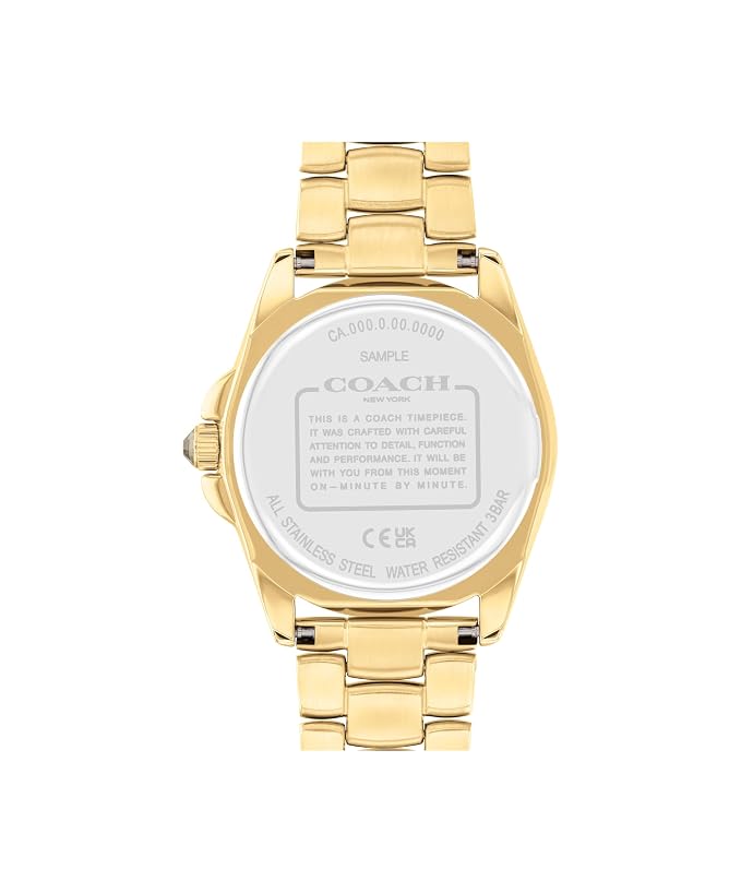 COACH Greyson caseback with model details and stainless steel water resistance marking