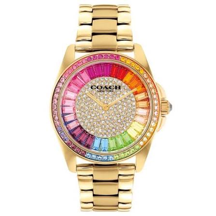 COACH Greyson gold-tone watch with rainbow crystal bezel and pave crystal dial