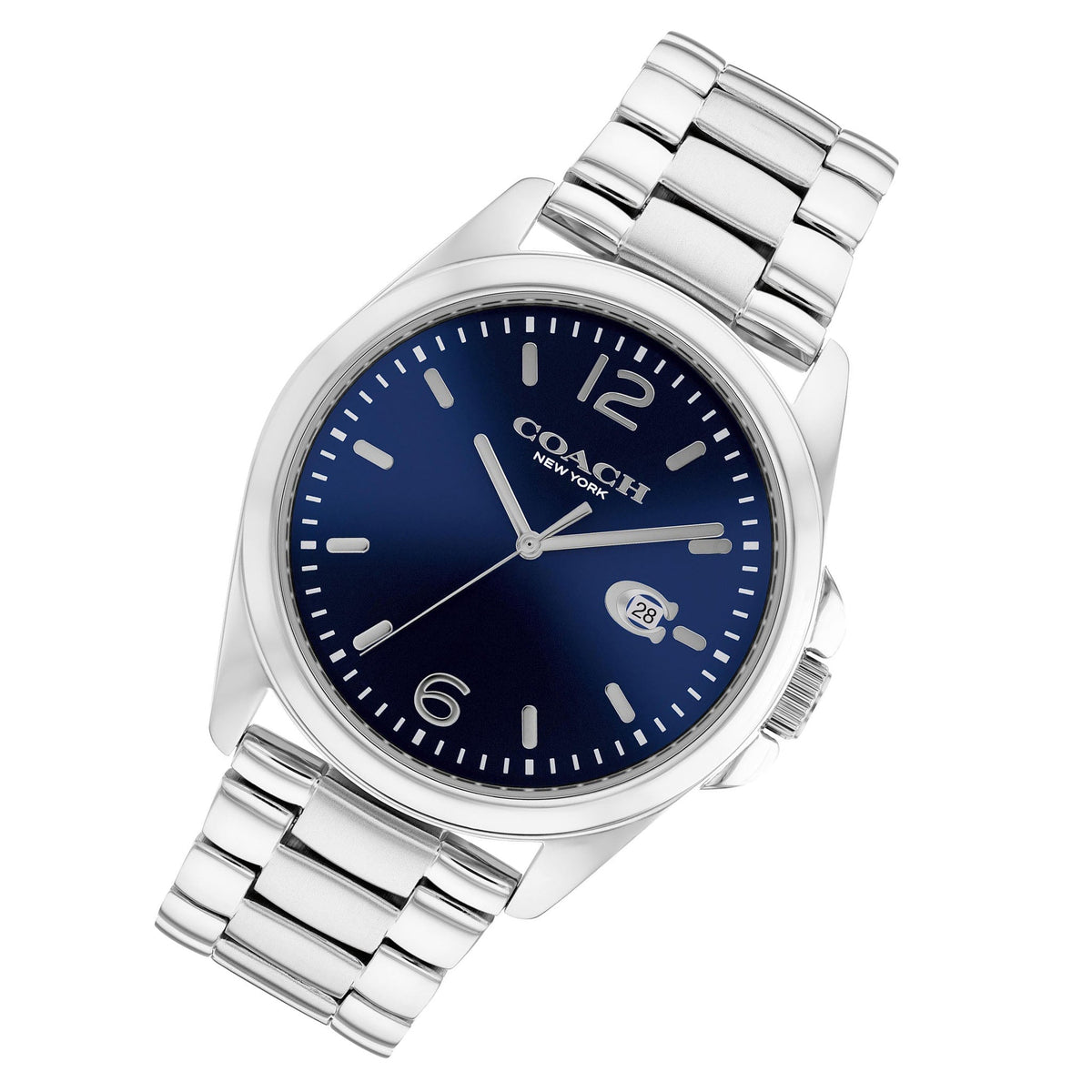 Coach Greyson watch at angle showing case profile and stainless steel bracelet