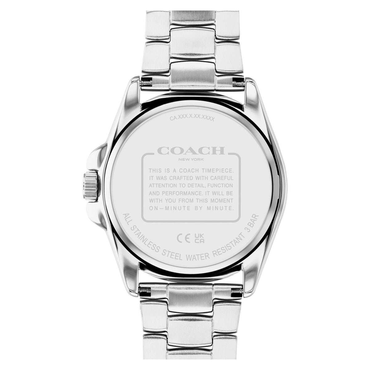 Coach Greyson caseback engraved with Coach branding and water resistance specifications