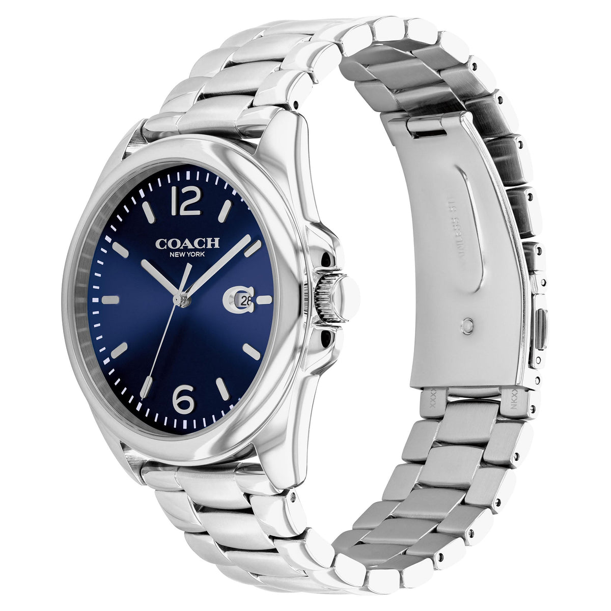 Side view of Coach Greyson watch displaying case thickness and bracelet