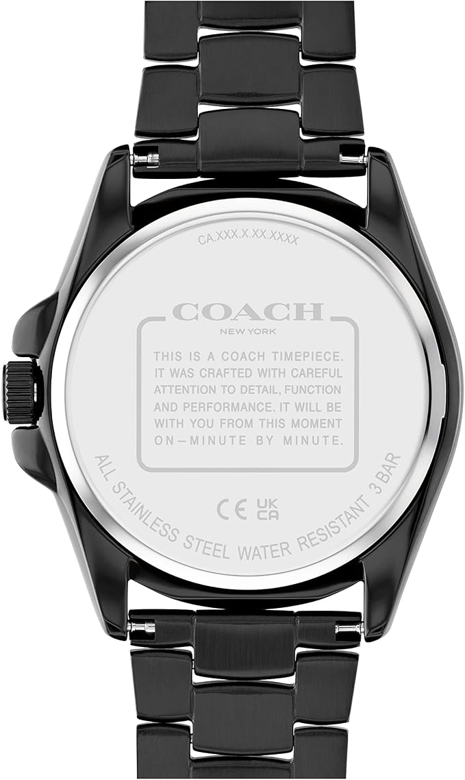 Coach Greyson watch caseback engraved with Coach branding and stainless steel water resistance