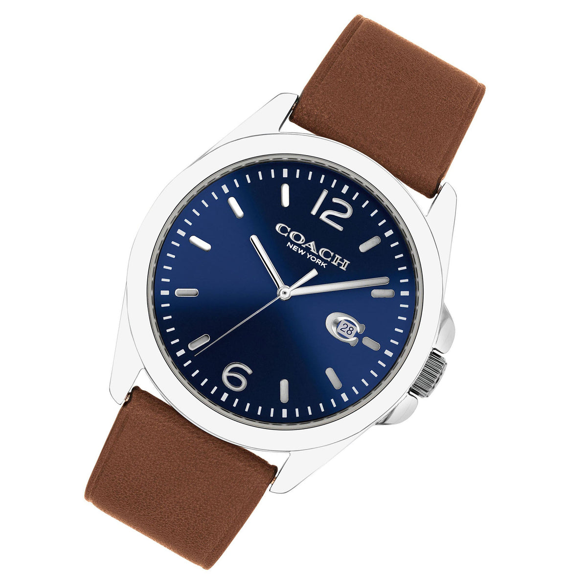 Coach Greyson watch at angle showing blue dial and brown leather strap