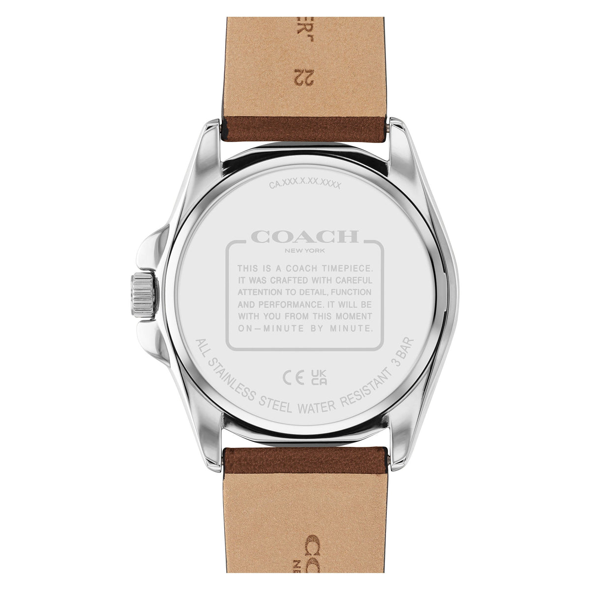 Coach Greyson caseback showing stainless steel water resistant case engraving