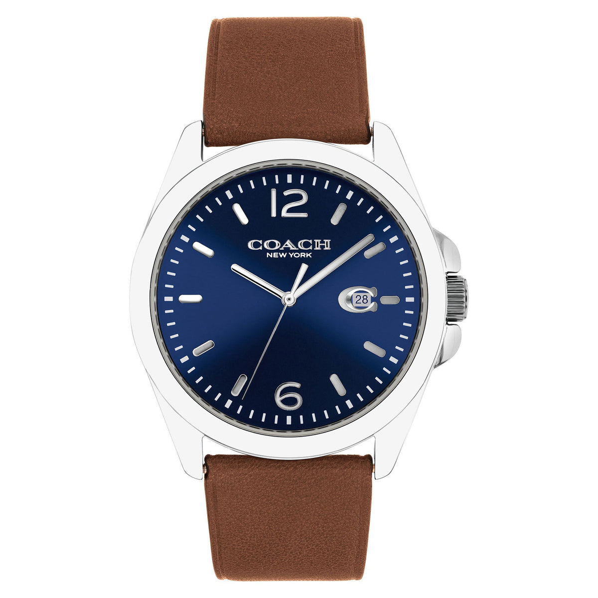 Coach Greyson men's watch with blue dial, silver-tone case, and brown leather strap