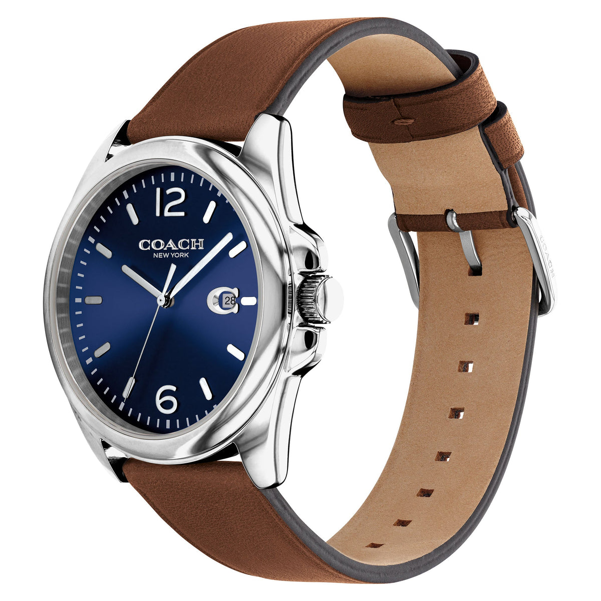Coach Greyson watch side view displaying brown leather strap and stainless steel case