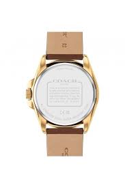 Coach Greyson watch caseback showing white face plate and brown leather strap