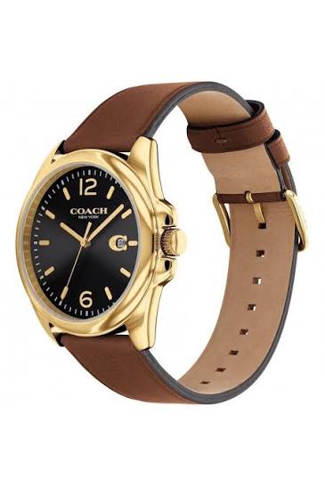 Coach Greyson watch displayed on wrist showing side profile with brown leather strap