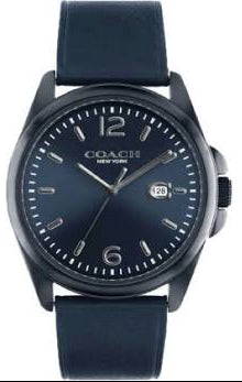 Coach Greyson quartz watch with blue dial, Arabic numerals, and date window on dark blue leather strap