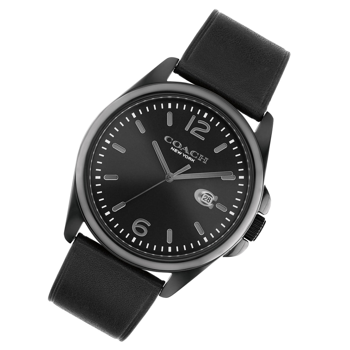 Coach Greyson watch angled view showing black PVD steel case and black leather strap