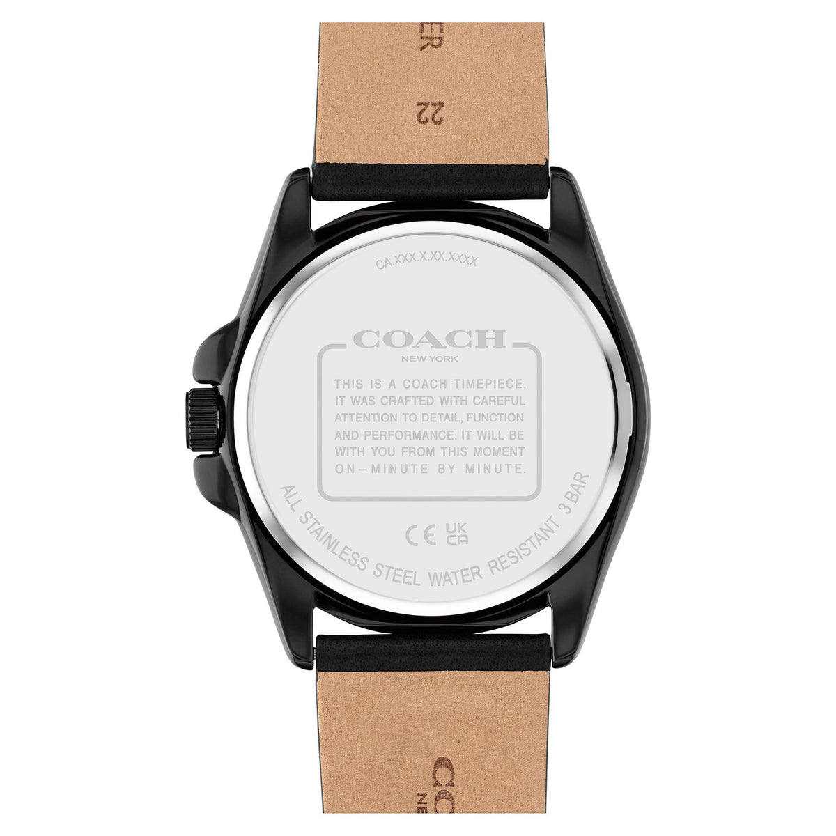 Coach Greyson watch caseback showing steel construction and water resistance marking