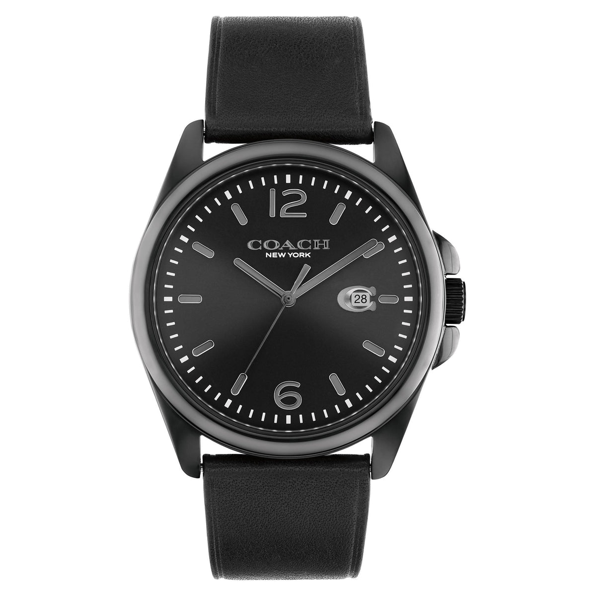 Coach Greyson 41mm black dial men's quartz watch with black leather strap