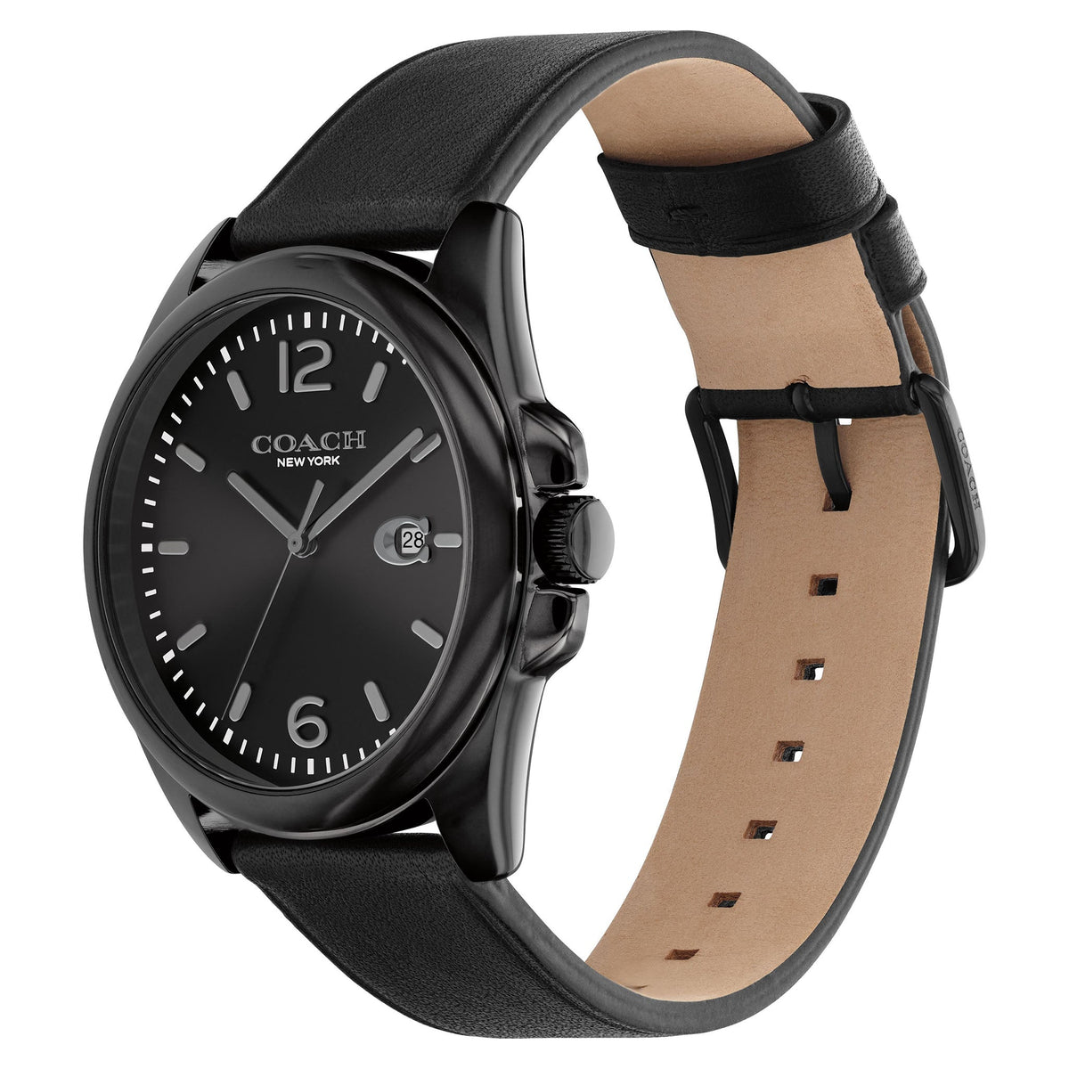 Coach Greyson watch side profile with black dial, leather strap, and tan leather interior
