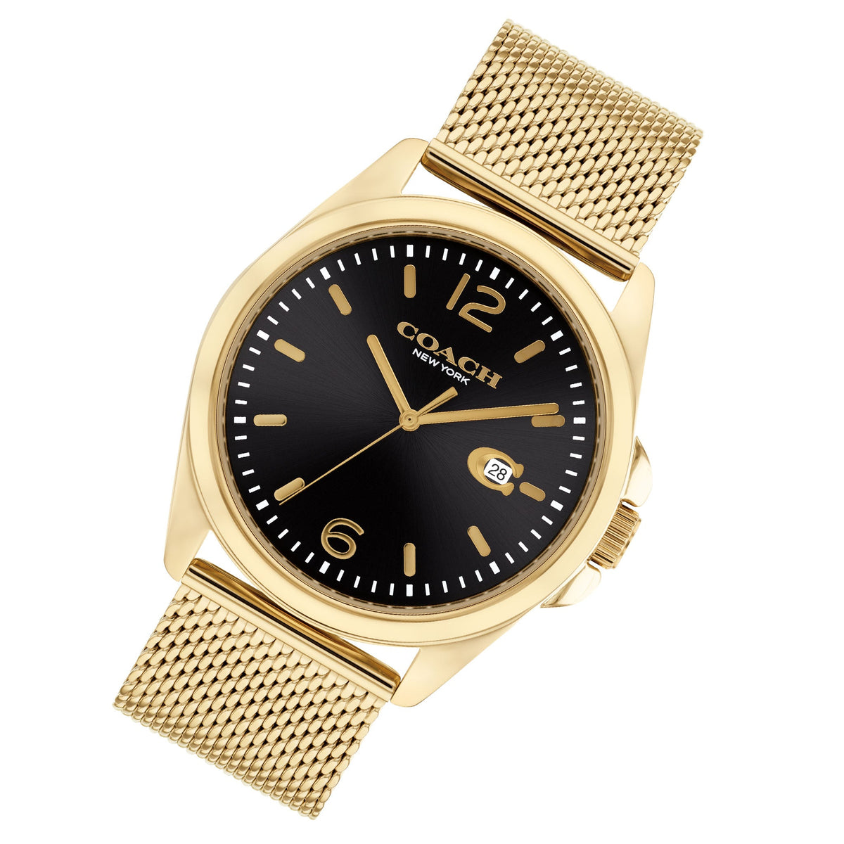 COACH Greyson watch angled view showing gold mesh bracelet and black dial