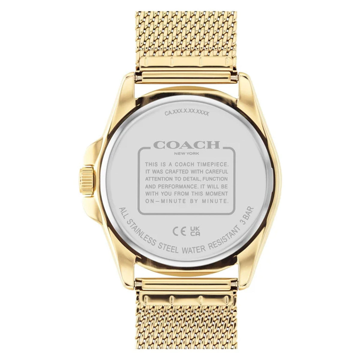 COACH Greyson caseback showing water resistant stainless steel design