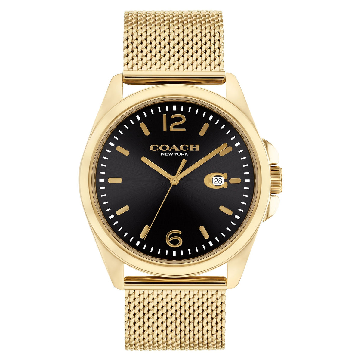 COACH Greyson gold-tone ion-plated watch with black dial and mesh bracelet