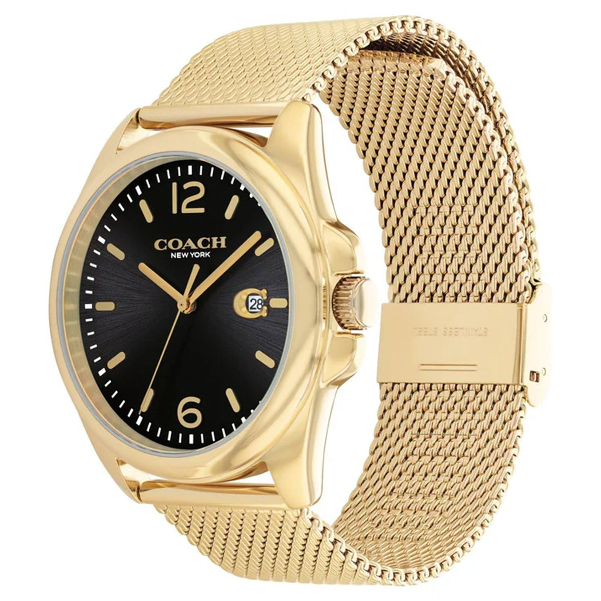 COACH Greyson gold-tone watch with mesh bracelet worn on wrist