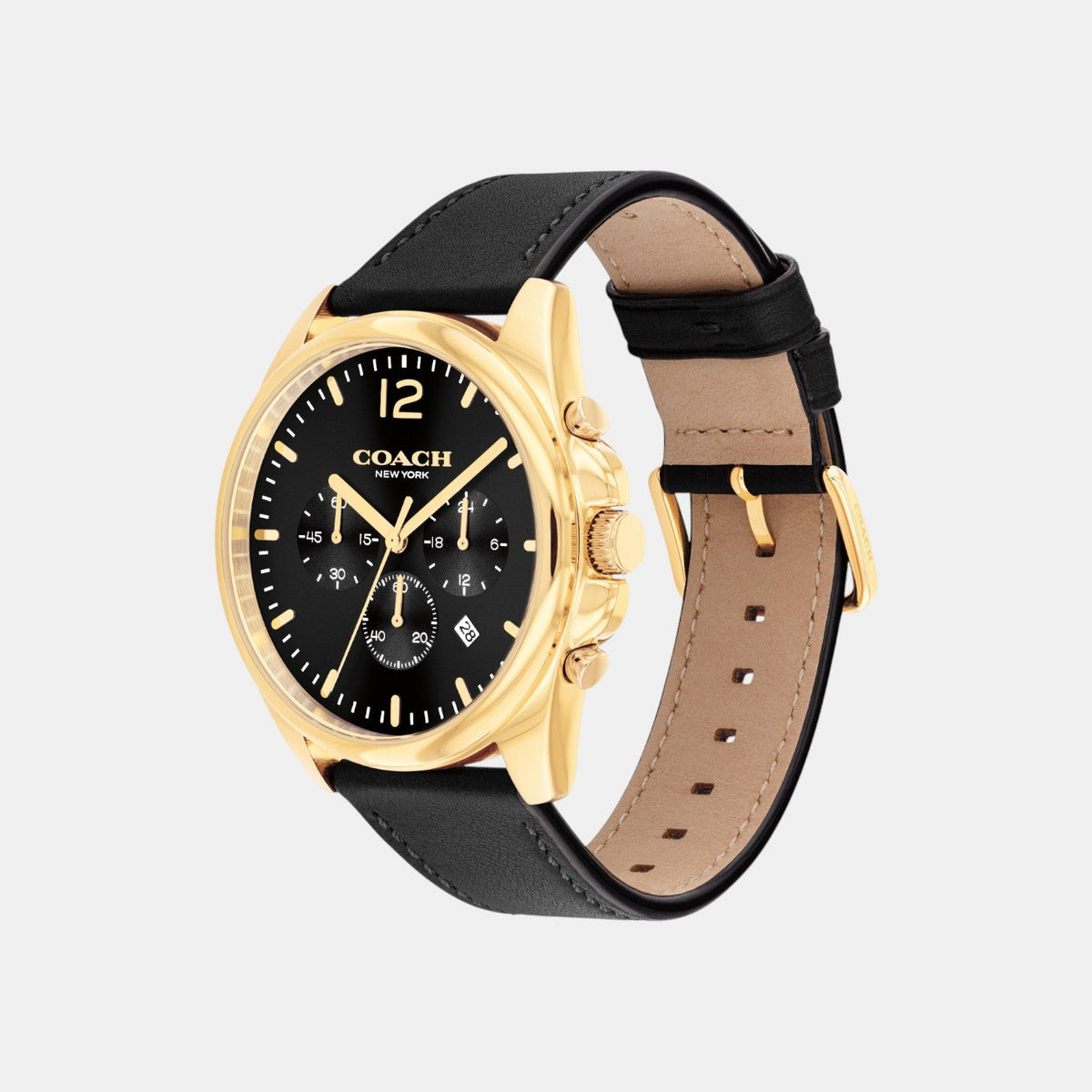 Side profile of COACH Greyson watch showing gold-tone case, black leather strap, and tan suede interior