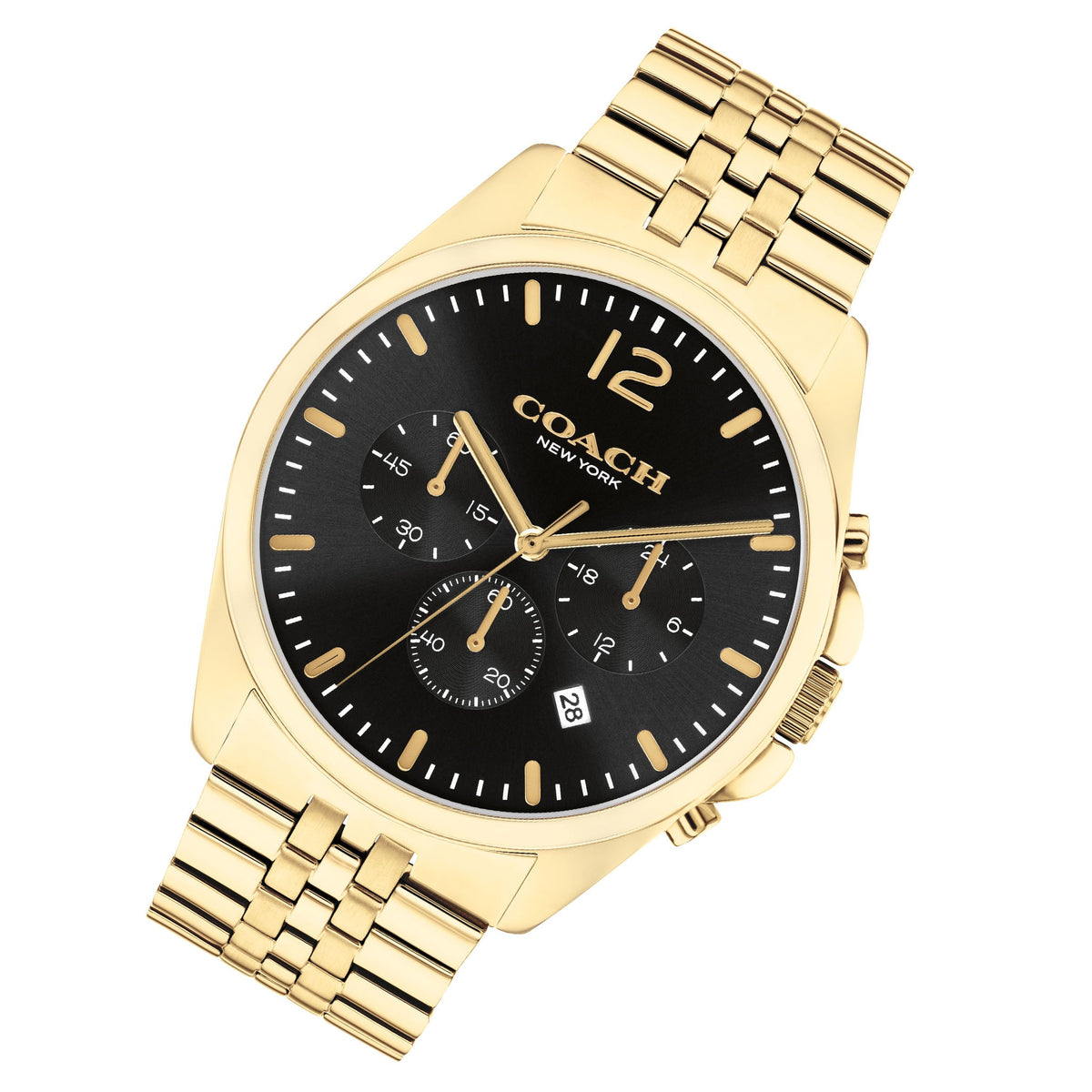 Coach Greyson chronograph watch angled view showing gold case and bracelet