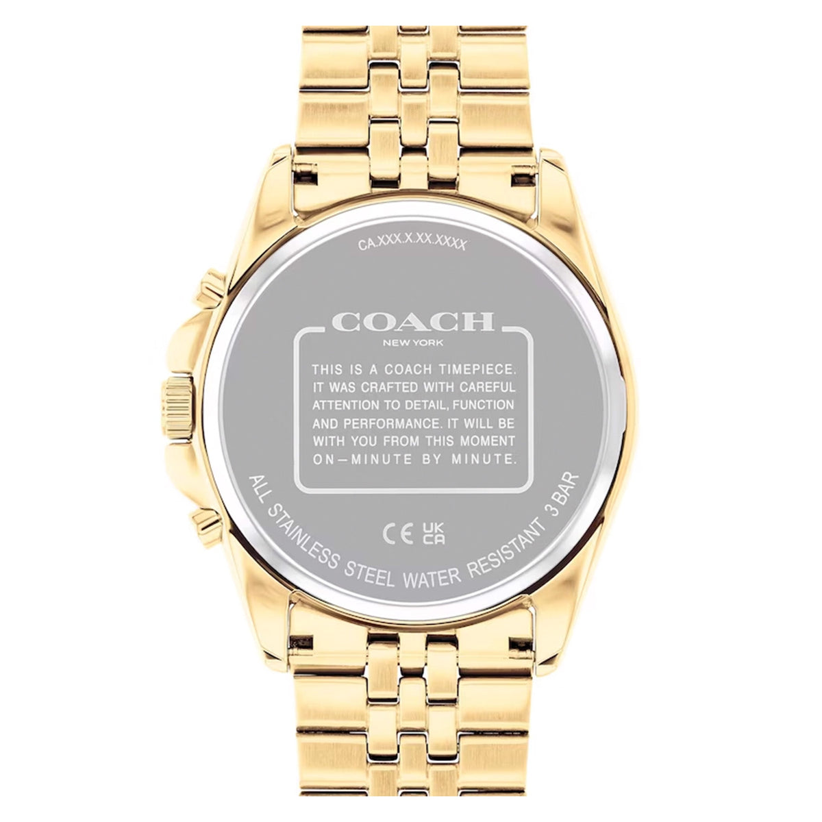 Coach Greyson watch caseback showing stainless steel marking and water resistance details