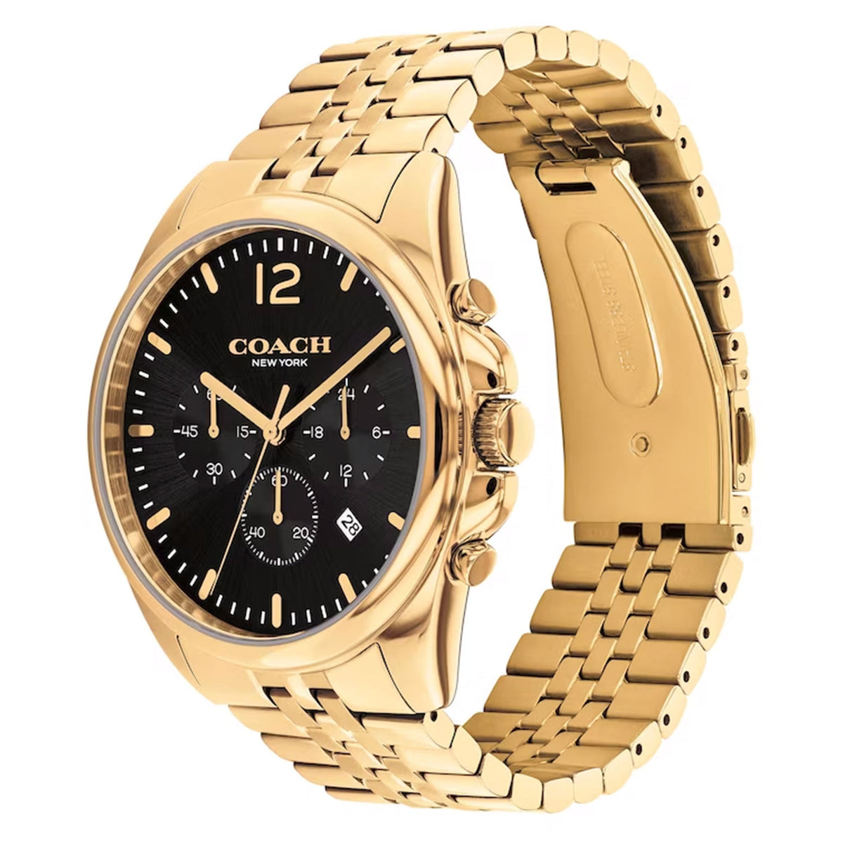 Coach Greyson chronograph watch side view displaying gold-tone bracelet and case profile