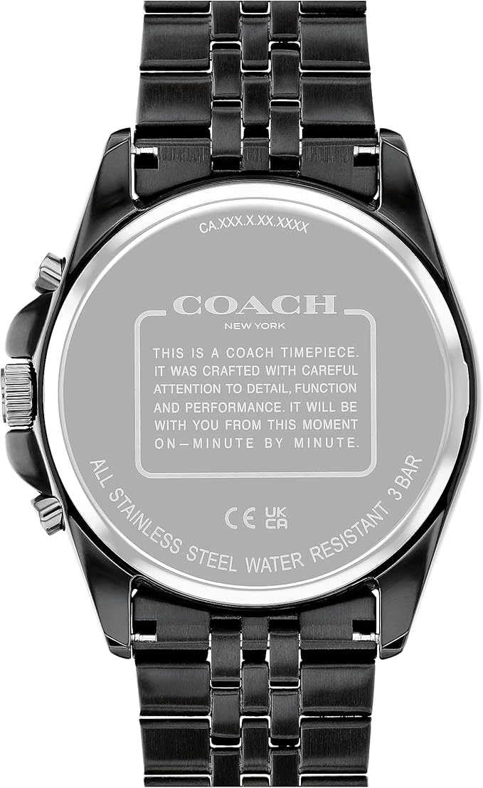 COACH Greyson caseback with engraved text and water resistance specifications
