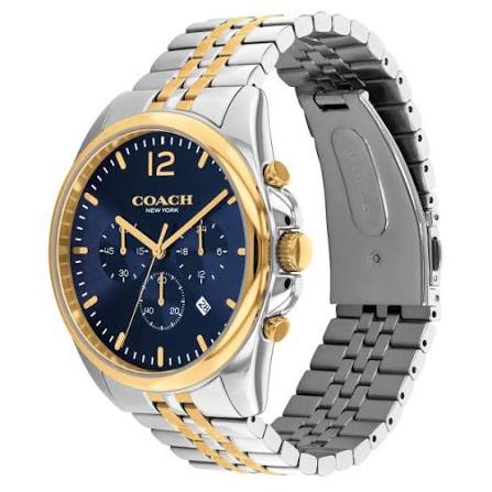 COACH Greyson watch shown from angle with strap detail visible
