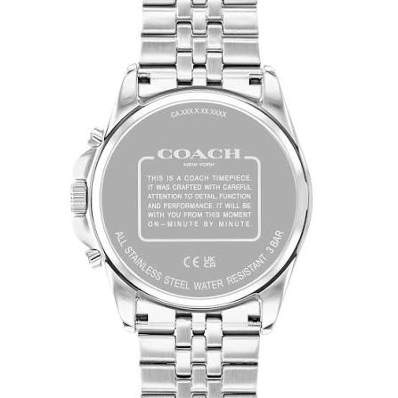 COACH Greyson watch caseback showing stainless steel construction and water resistance