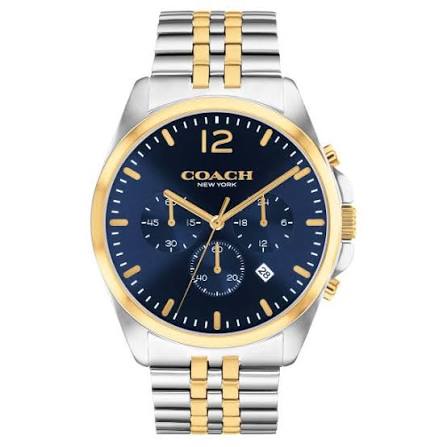 COACH Greyson chronograph watch with blue dial and two-tone gold and silver bracelet