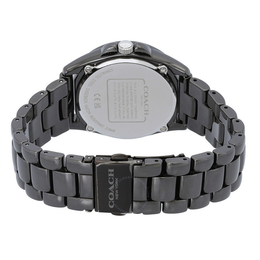 Coach Greyson watch caseback showing gunmetal bracelet and engraved case back details