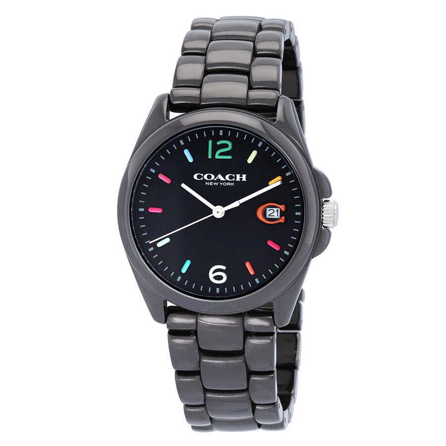 Coach Greyson quartz watch with black dial, colorful hour markers, and gunmetal bracelet