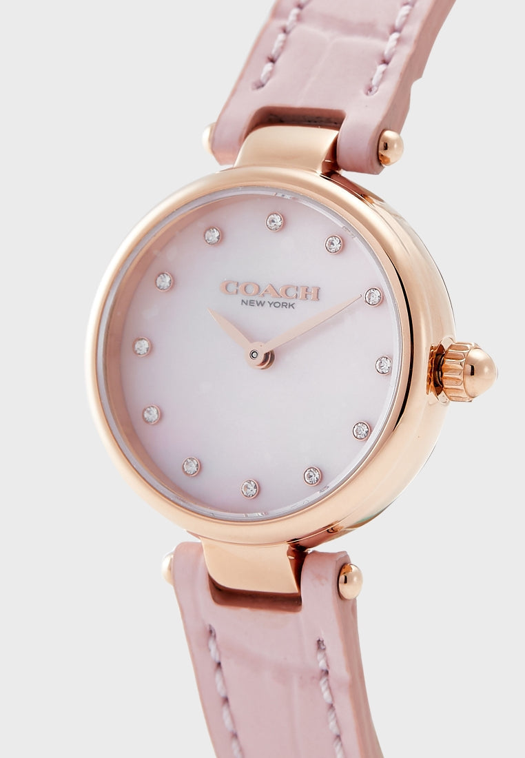 Coach Hayley watch angled view showing pink dial with diamond hour markers and rose gold-tone case