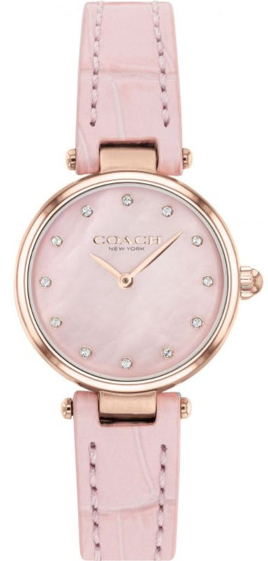 Coach Hayley women's watch with pink dial, diamond accents, rose gold case, and pink leather strap