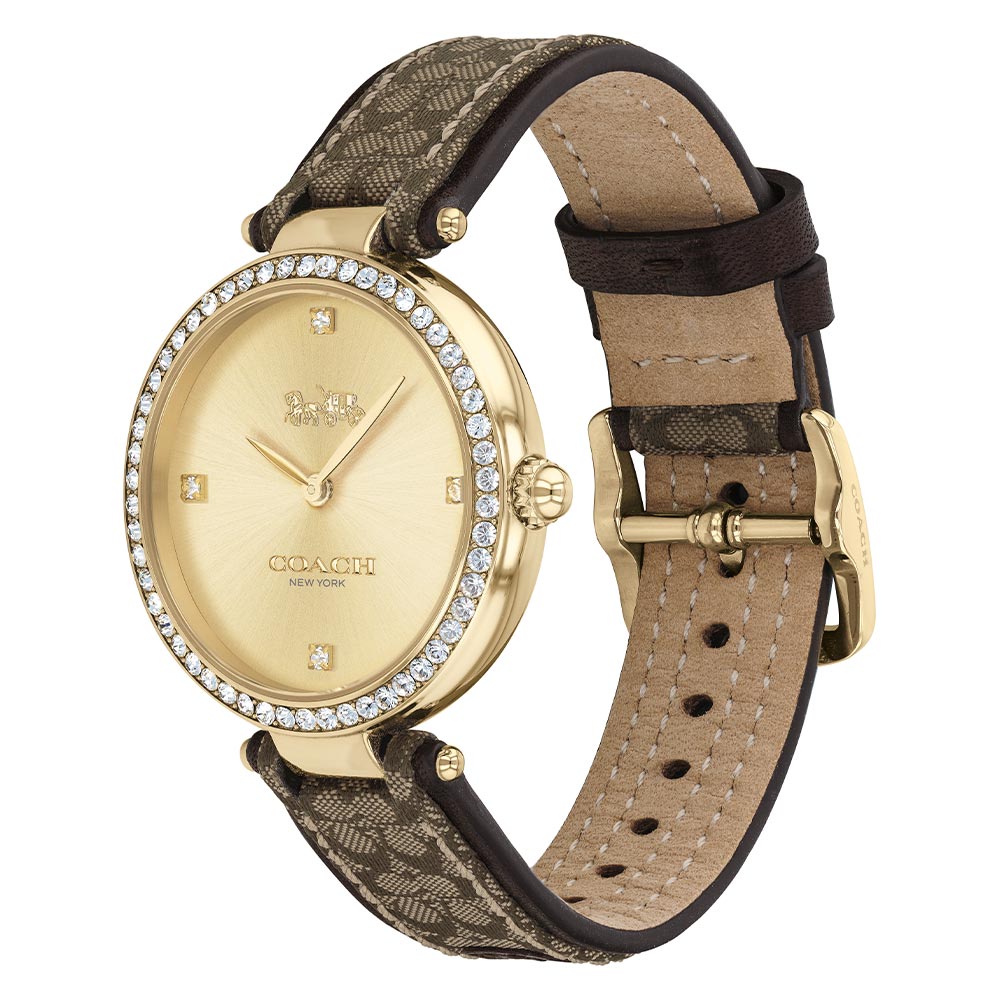Coach Jacquard ladies watch on wrist showing crystal-set bezel and Jacquard textile strap