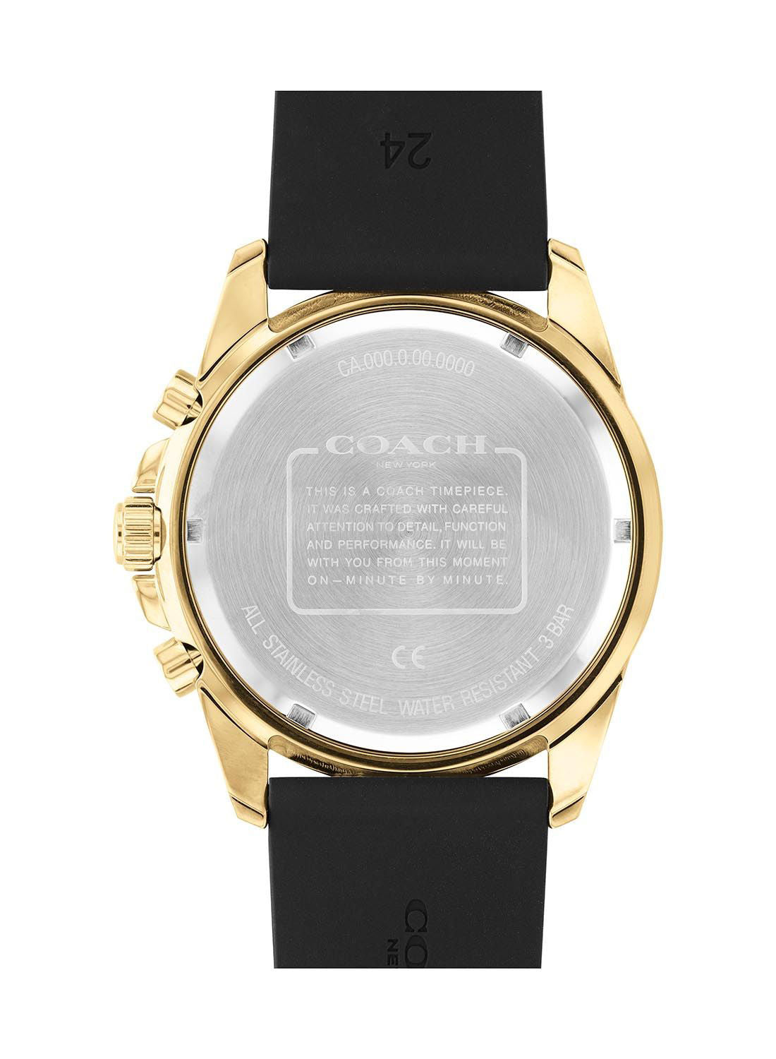 Coach Kent watch case back with engraved specifications and gold-tone casing
