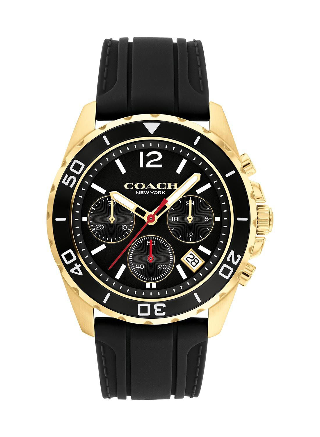 Coach Kent gold-tone chronograph watch with black dial and black silicon strap