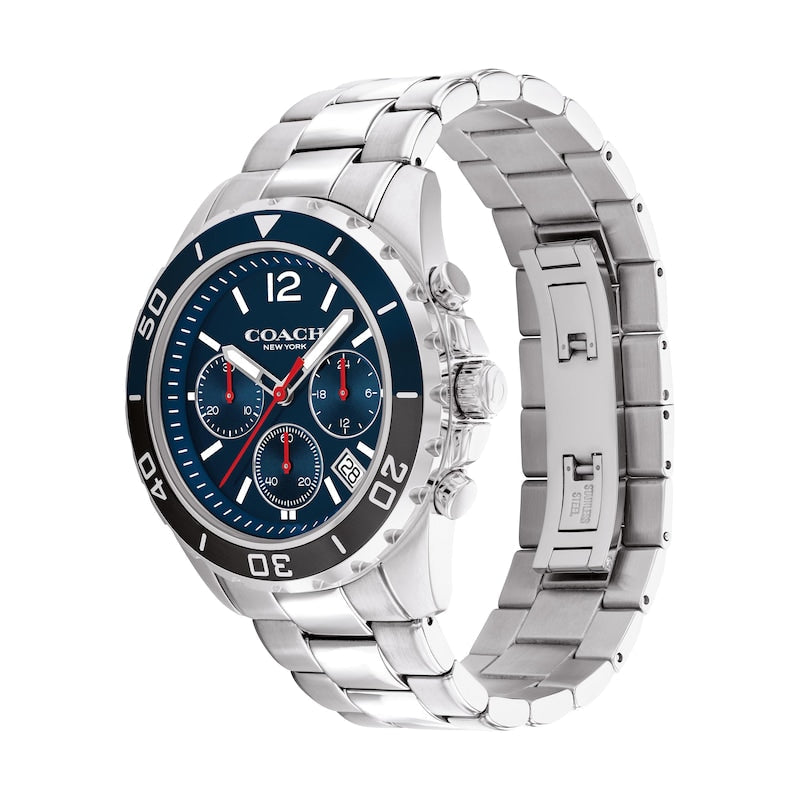 Coach Kent chronograph watch shown at angle with stainless steel bracelet detail