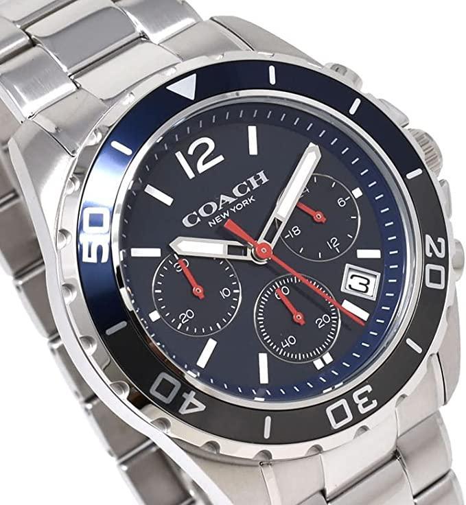 Close-up of Coach Kent blue dial with chronograph subdials and red accents
