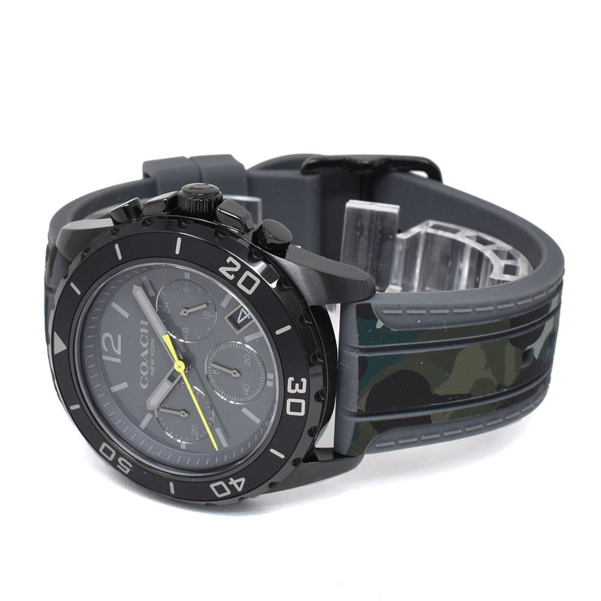 Coach Kent watch displaying side angle with camo strap and black chronograph case